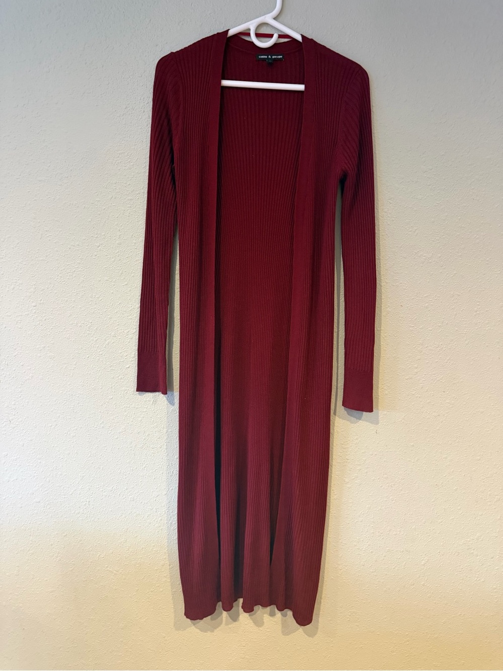 Cable & Gauge Maroon Ribbed Open Front Maxi Duster Cardigan Sweater Size M